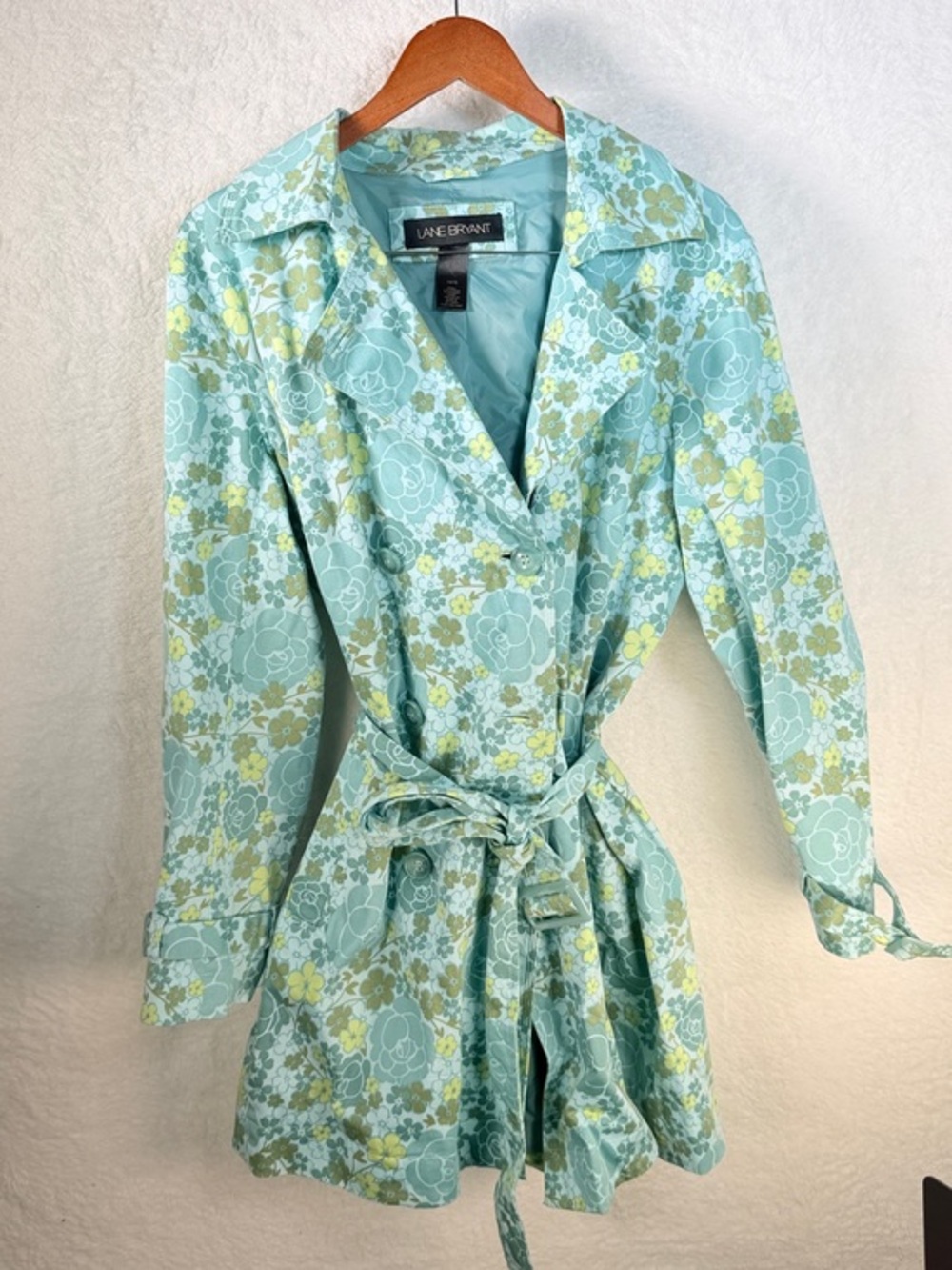 Lane Bryant Floral Belted Trench Coat Aqua Blue Size 14/16 Cotton blend
